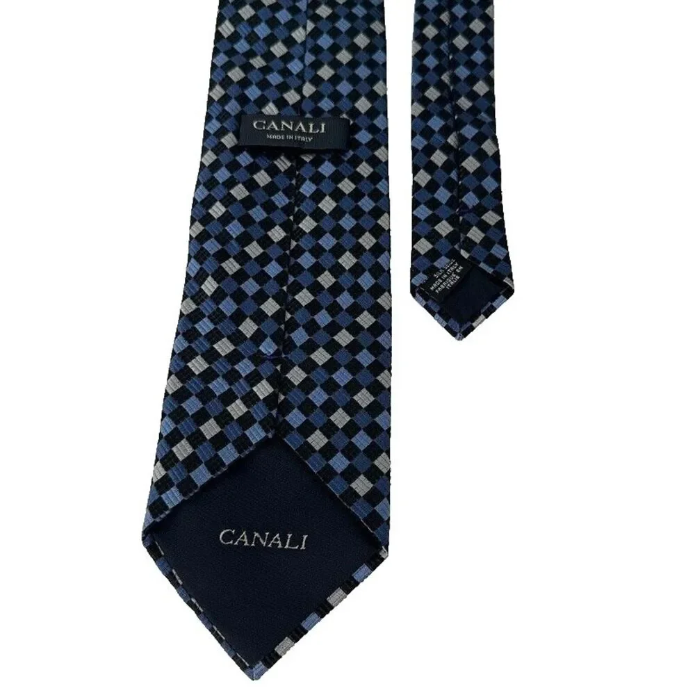 Canali Neck Tie Pure Silk‎ Made in Italy Blue Squares Geometric Mens